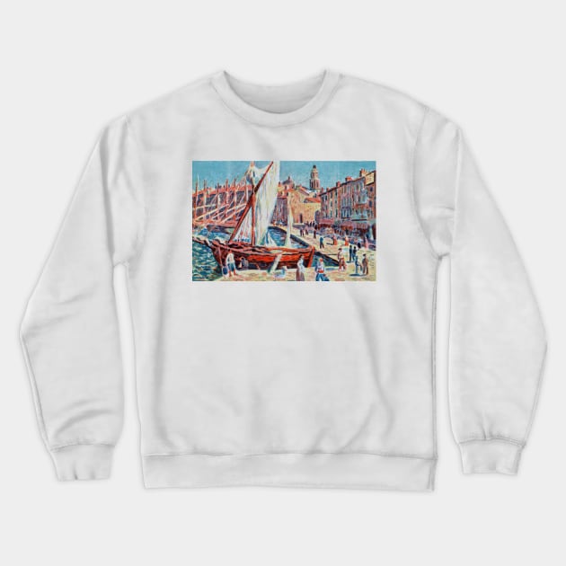 Saint-Tropez Waterfront With Sailboat, Maximilien Luce 1897 Crewneck Sweatshirt by rocketshipretro